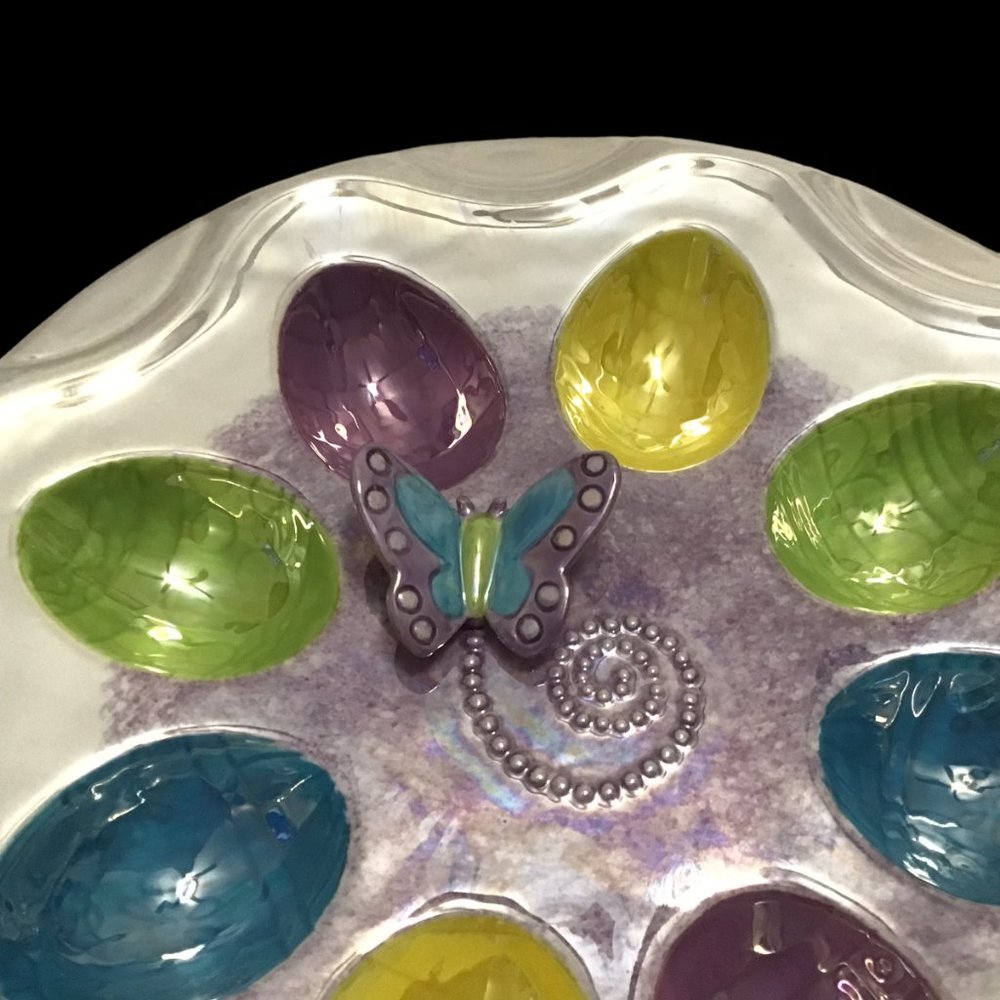 Lusterware Deviled Egg Easter Egg Plate Applied Butterfly Colorful Dish Ceramic - Picture 3 of 4